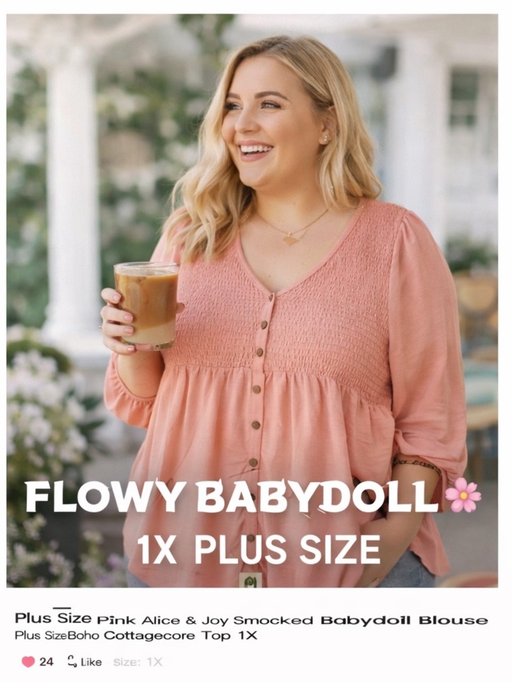 PLUS SIZE 1X Smocked Babydoll Blouse Pink Coral Boho Cottagecore Tunic Top